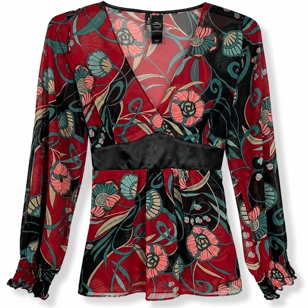Bisou Bisou Petite Large Floral Wrap Blouse Y2K Sheer Bell Sleeve Tie Waist Top